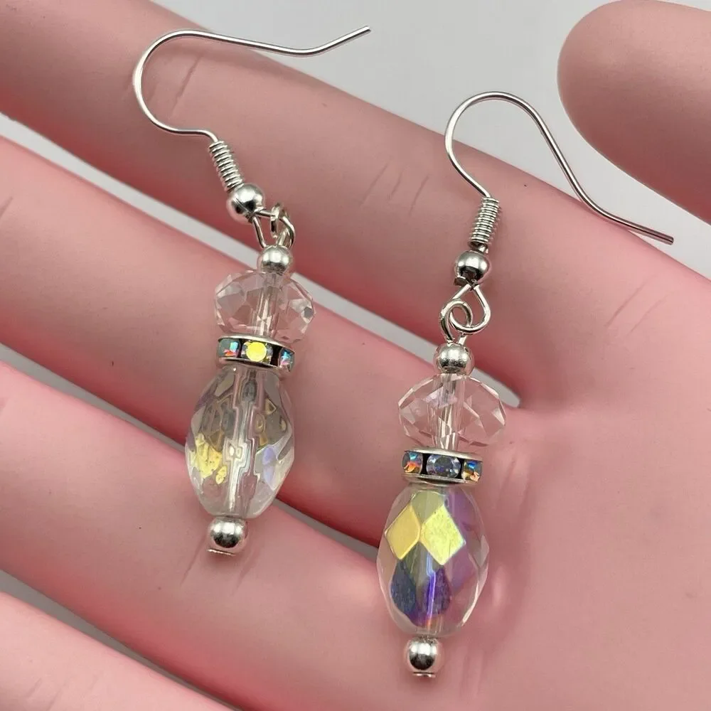Stunning White AB Crystal Glass Beaded Dangle Earrings Silver Tone Rhinestone